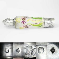 Art Nouveau French Sterling Silver Acid Etched Cameo Glass Liquor Flask Bottle