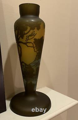 Art Nouveau Galle Cameo Glass Lamp Base 13x6 Beautiful Mountains & Trees Green