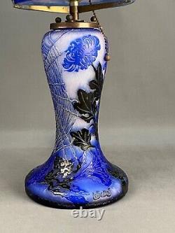 Art Nouveau Legras Blue Cameo Art Glass 18 Lamp withFlowers & Spider Web