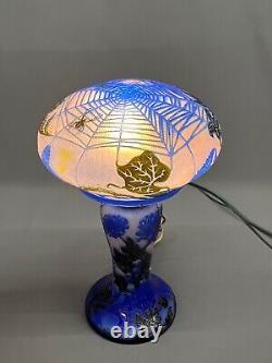 Art Nouveau Legras Blue Cameo Art Glass 18 Lamp withFlowers & Spider Web