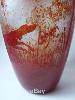 Art Nouveau Legras Cameo Glass Vase With Hunting Dogs