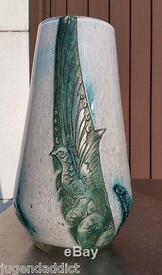 Art Nouveau Legras Heavy Large Cameo Acid Pate De Verre Vase Animal Bird