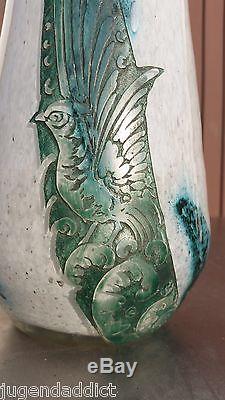 Art Nouveau Legras Heavy Large Cameo Acid Pate De Verre Vase Animal Bird