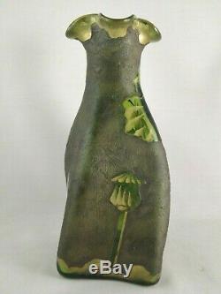 Art Nouveau Mont Joye Legras Cameo Art Glass Vase ca 1920 Poppy Seeds & Leaves