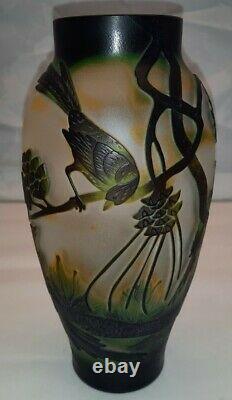 Art Nouveau Style Acid Cut Cameo Art Glass Vase with Birds & Foliage
