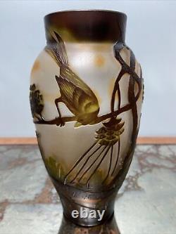 Art Nouveau Style Acid Cut Cameo Art Glass Vase with Birds & Foliage Signed