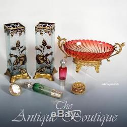 BACCARAT Pair Antique Cameo Glass Vases French Art Nouveau Gilt Metal