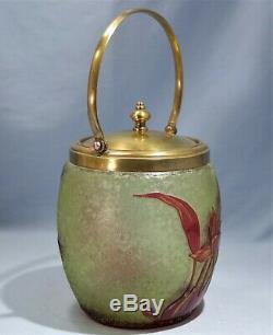 Baccarat French Olive Green & Red Cameo Etched Glass Biscuits Jar Circa 1900