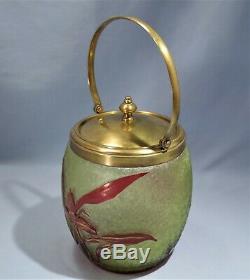 Baccarat French Olive Green & Red Cameo Etched Glass Biscuits Jar Circa 1900
