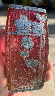 Baccarat Glass Crystal Vase Silver Overlay Ruby Fade Acid Cameo Japonisme