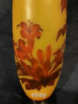Beautiful 20th-Century French Carved Cameo Colored Glass Vase Bird & Floral 14H