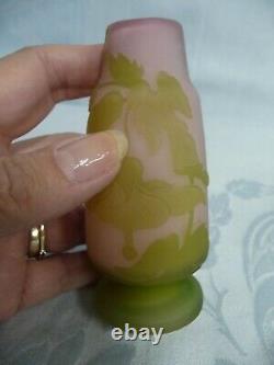 Beautiful Antique Galle Cameo Glass Vase Collection, Pink & Lime Green, Signed