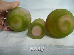 Beautiful Antique Galle Cameo Glass Vase Collection, Pink & Lime Green, Signed