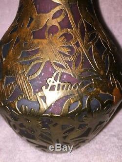 Beautiful Cameo Ama Amor Art Glass Vase with Copper Overlay