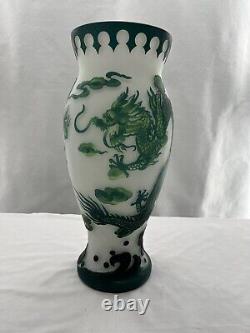 Beautiful Green Cameo Etched Dragon Floral Vase Free Shipping