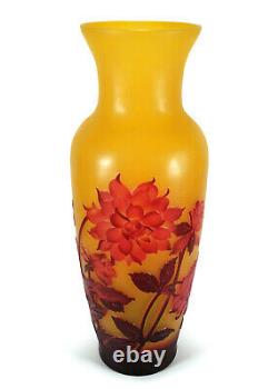 Beautiful Orange Cameo Art Glass Vase Detailed Shaded Red Flowers 14 3/16 Tall