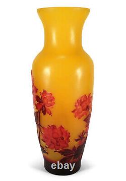 Beautiful Orange Cameo Art Glass Vase Detailed Shaded Red Flowers 14 3/16 Tall