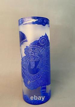 Blue Cameo Glass CHINESE DRAGON FOO DOG Cylinder Vase