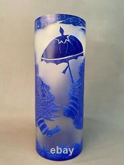 Blue Cameo Glass CHINESE DRAGON FOO DOG Cylinder Vase