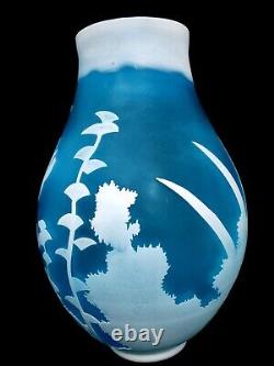 Blue Cameo Glass Galle Style Large Vase 11 with Koi Fish Goldfish Nautical