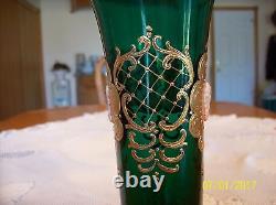 Bohemian Antique Venetian Rare Cameo Handpainted Gilt Gold Emerald Green Vase