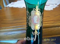 Bohemian Antique Venetian Rare Cameo Handpainted Gilt Gold Emerald Green Vase