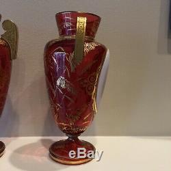 Bohemian Ruby Glass Cameo Portrait Vases-Pair