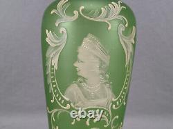 Bohemian Victorian Enameled Florentine Cameo Art Lady Portrait Green Glass Vase