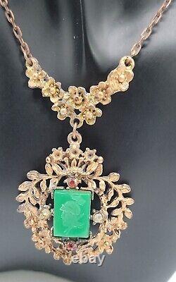 Brass Chrysoprase Cameo Necklace 16 Green Glass Roman Soldier Pendant Estate