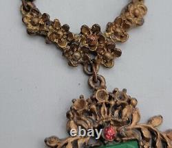 Brass Chrysoprase Cameo Necklace 16 Green Glass Roman Soldier Pendant Estate