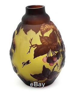 Cameo Art Glass Embossed Vase with with Cherries Signed Galle Tip