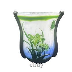 Cameo Art Glass Enamel 9 Vase Flowers Butterflies Blue White Green Galle Style
