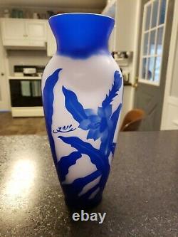 Cameo Art Glass Signed Yall Vase Cobalt Blue & White Floral