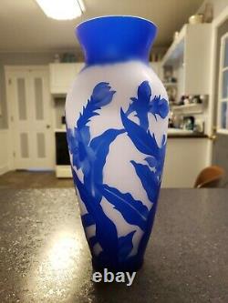 Cameo Art Glass Signed Yall Vase Cobalt Blue & White Floral
