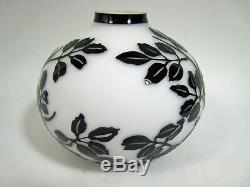 Cameo Art Glass Vase Black Over White Tree Branches & Leaves Mid Century Squat