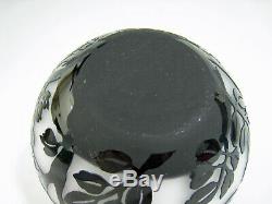 Cameo Art Glass Vase Black Over White Tree Branches & Leaves Mid Century Squat