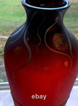 Cameo Art Glass Vase Signed by Noto Red, Black, Silver, Gold Beautiful Piece