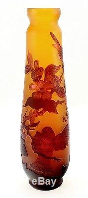 Cameo Glass Art Nouveau Vase with Birds 11-3/4 Inch Tall Signed Galle Tip
