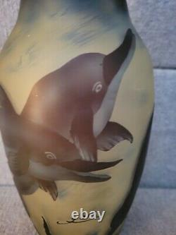 Cameo Glass Dolphin Galle style Vase signed Galle 14 approximately