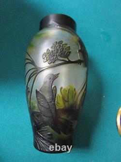 Cameo Glass Hand Painted Birds And Foliage 8 1/2 X 4 Galle Style Vase