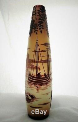 Cameo Glass Vase by De Vez, Detailed scene in three+colors. Water, Boats 10 H