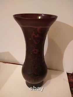 Cameo Tall Amethyst heavy Vase, floral leaf scroll, etched art glass. Over 15 T