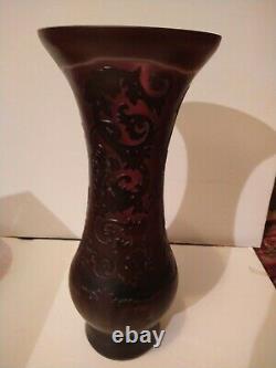 Cameo Tall Amethyst heavy Vase, floral leaf scroll, etched art glass. Over 15 T
