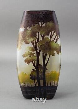 Cameo Vintage French Studio Art Glass Vase Etched Carved Layered Forest Trees