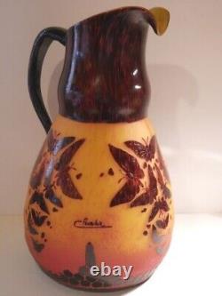Charles Schneider Charder 12 3/4 Art Glass Cameo Papillon Pitcher Vase Bin