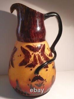 Charles Schneider Charder 12 3/4 Art Glass Cameo Papillon Pitcher Vase Bin