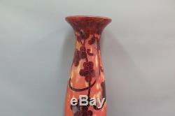 Charles Schneider Perlieres Cameo Glass Vase Acid Cut Orange Deco Signed 18.25