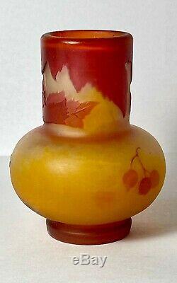 Circa 1910 Emile Galle Cameo Glass Vase in a Cherries Pattern