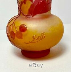 Circa 1910 Emile Galle Cameo Glass Vase in a Cherries Pattern