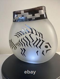 Claire Raab Cameo Art Glass Vase 8 Inches Tall, Native American Motif